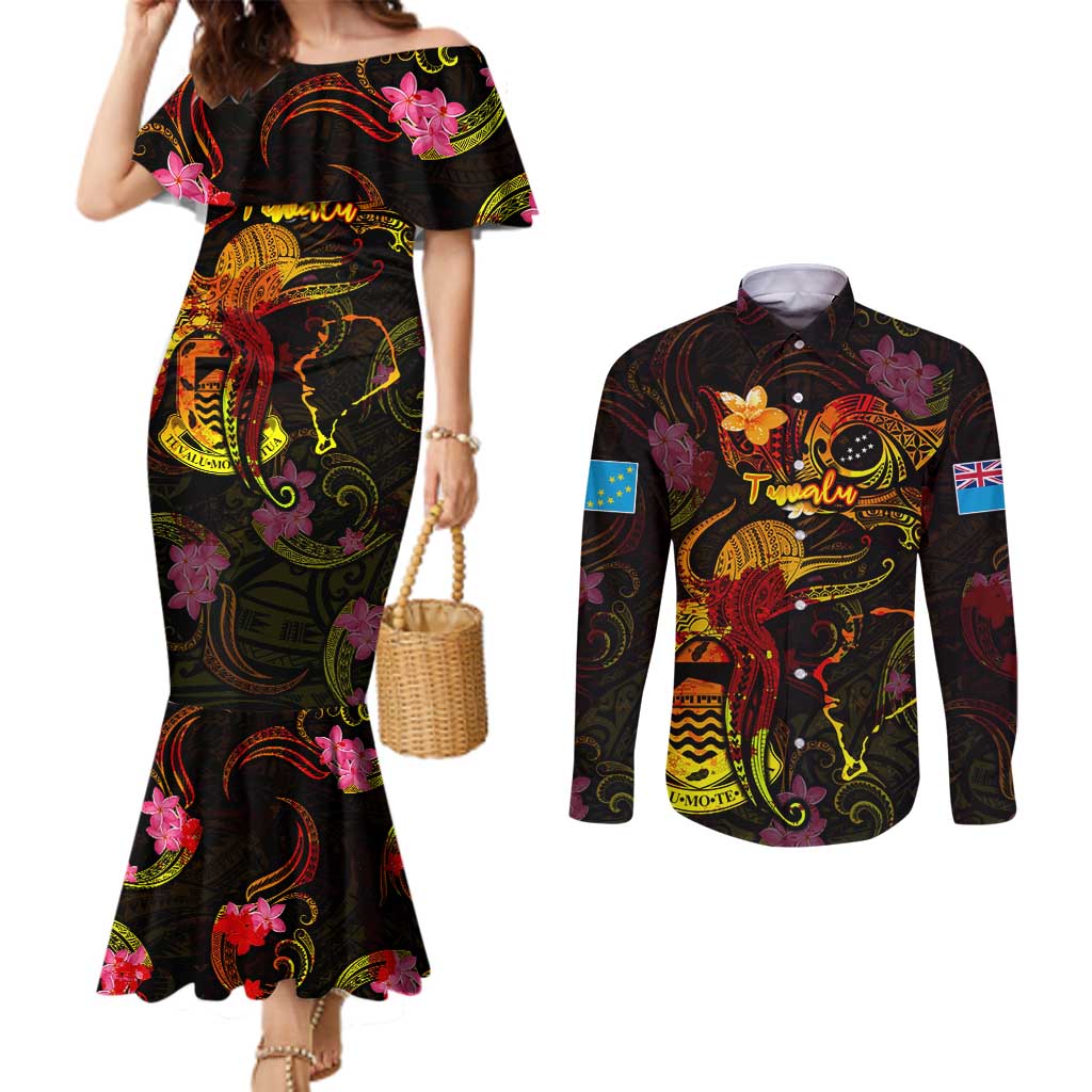 Tuvalu Couples Matching Mermaid Dress and Long Sleeve Button Shirt Octopus Plumeria Polynesian Tattoo DT02 Black - Polynesian Pride