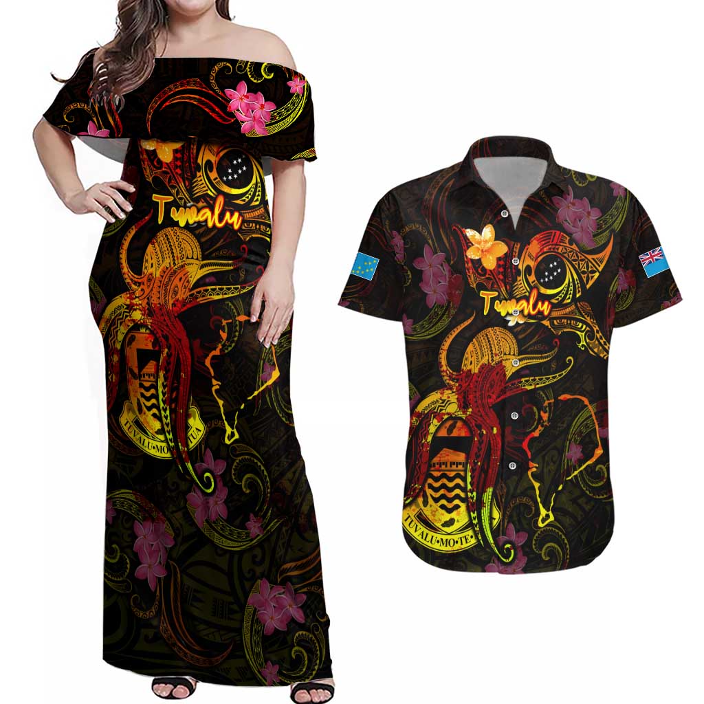 Tuvalu Couples Matching Off Shoulder Maxi Dress and Hawaiian Shirt Octopus Plumeria Polynesian Tattoo DT02 Black - Polynesian Pride