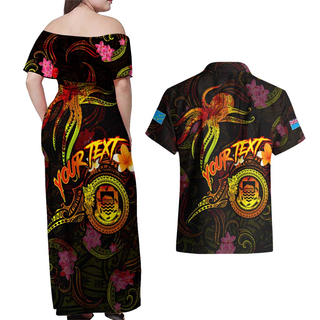 Tuvalu Couples Matching Off Shoulder Maxi Dress and Hawaiian Shirt Octopus Plumeria Polynesian Tattoo DT02 - Polynesian Pride