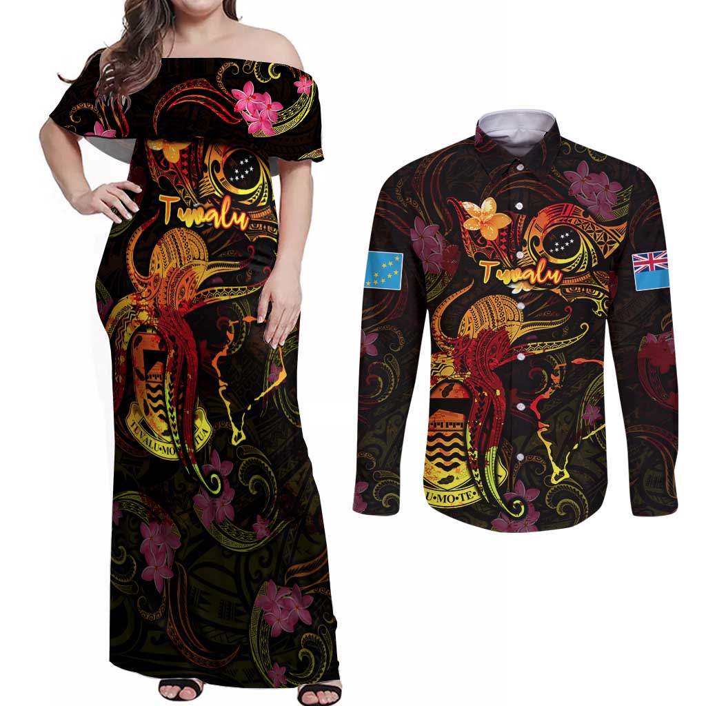 Tuvalu Couples Matching Off Shoulder Maxi Dress and Long Sleeve Button Shirt Octopus Plumeria Polynesian Tattoo DT02 Black - Polynesian Pride