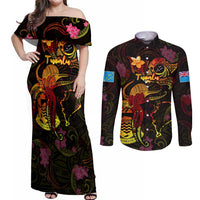 Tuvalu Couples Matching Off Shoulder Maxi Dress and Long Sleeve Button Shirt Octopus Plumeria Polynesian Tattoo DT02 Black - Polynesian Pride