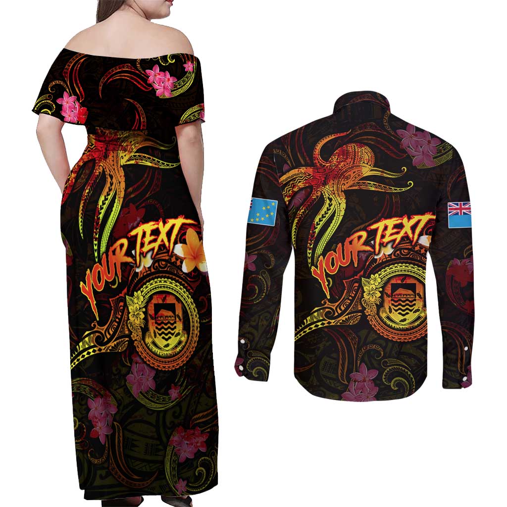 Tuvalu Couples Matching Off Shoulder Maxi Dress and Long Sleeve Button Shirt Octopus Plumeria Polynesian Tattoo DT02 - Polynesian Pride