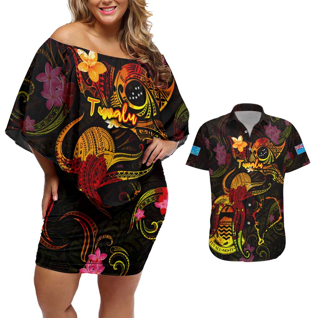 Tuvalu Couples Matching Off Shoulder Short Dress and Hawaiian Shirt Octopus Plumeria Polynesian Tattoo DT02 Black - Polynesian Pride