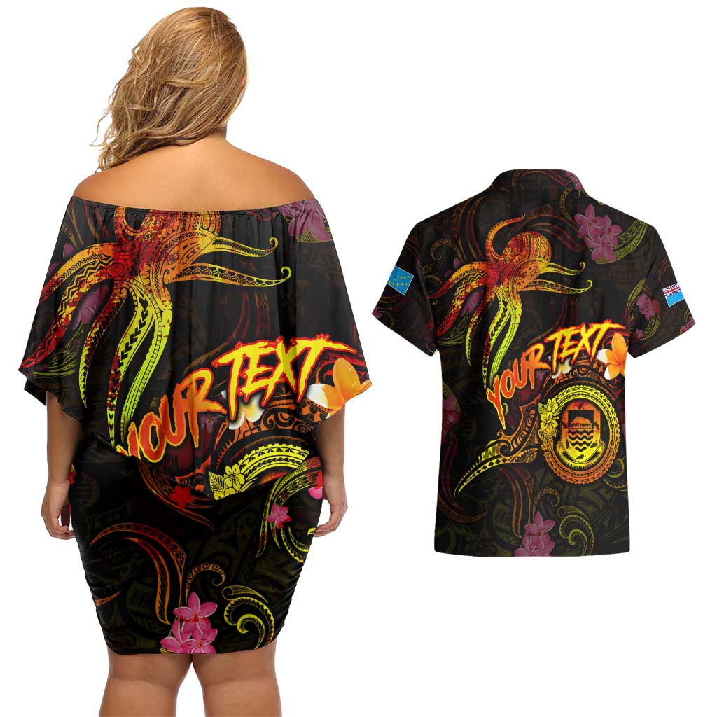 Tuvalu Couples Matching Off Shoulder Short Dress and Hawaiian Shirt Octopus Plumeria Polynesian Tattoo DT02 - Polynesian Pride