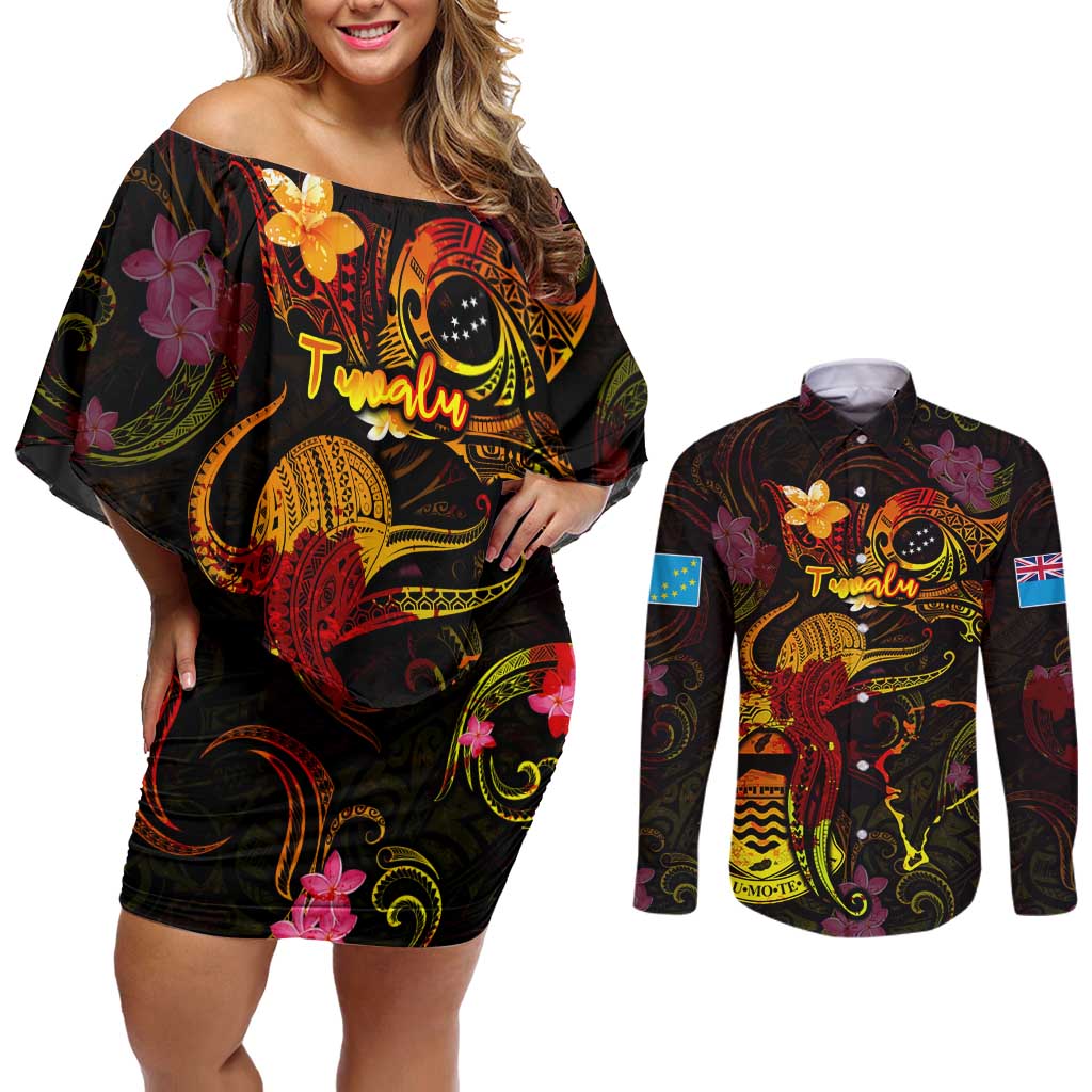Tuvalu Couples Matching Off Shoulder Short Dress and Long Sleeve Button Shirt Octopus Plumeria Polynesian Tattoo DT02 Black - Polynesian Pride