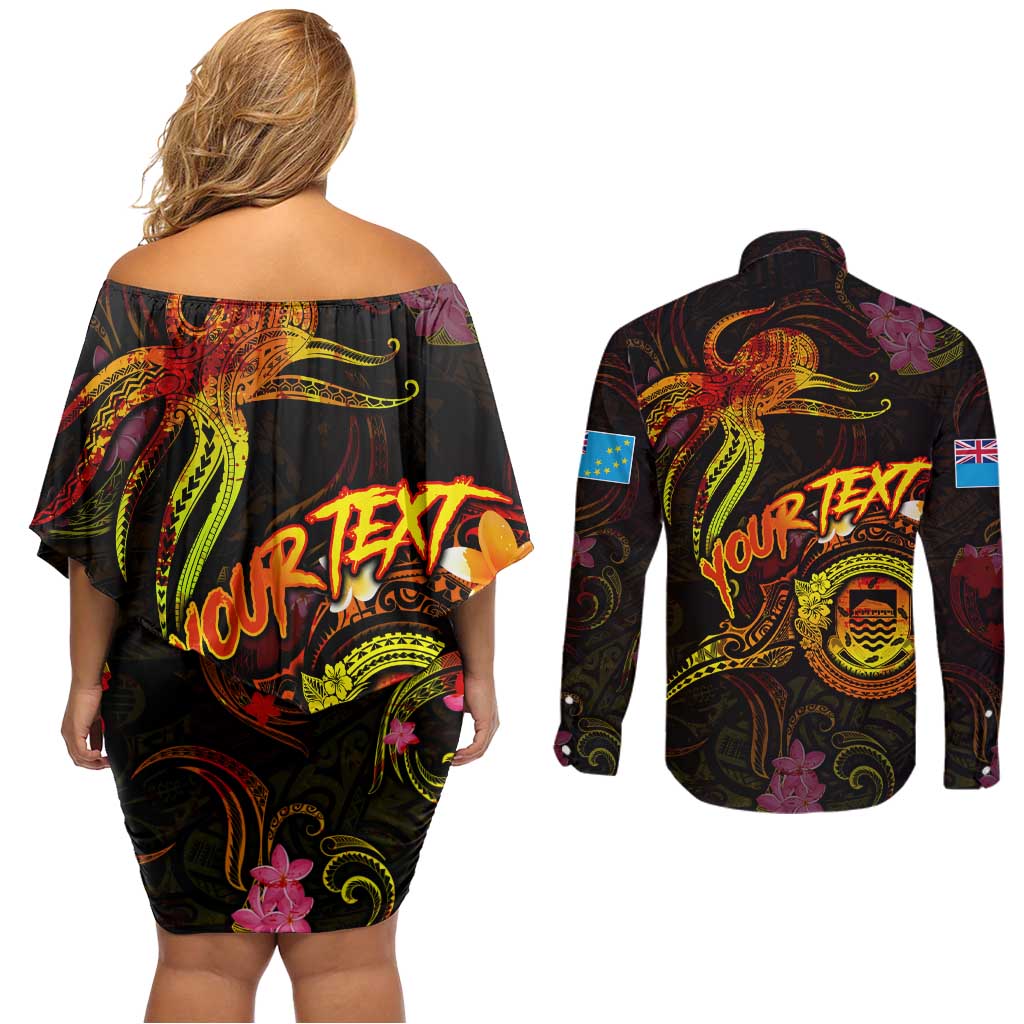 Tuvalu Couples Matching Off Shoulder Short Dress and Long Sleeve Button Shirt Octopus Plumeria Polynesian Tattoo DT02 - Polynesian Pride