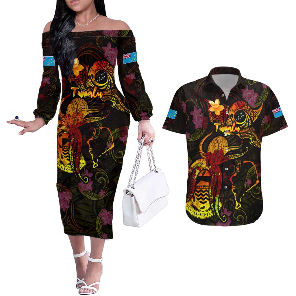 Tuvalu Couples Matching Off The Shoulder Long Sleeve Dress and Hawaiian Shirt Octopus Plumeria Polynesian Tattoo DT02 Black - Polynesian Pride