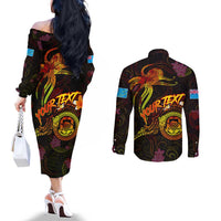 Tuvalu Couples Matching Off The Shoulder Long Sleeve Dress and Long Sleeve Button Shirt Octopus Plumeria Polynesian Tattoo DT02 - Polynesian Pride