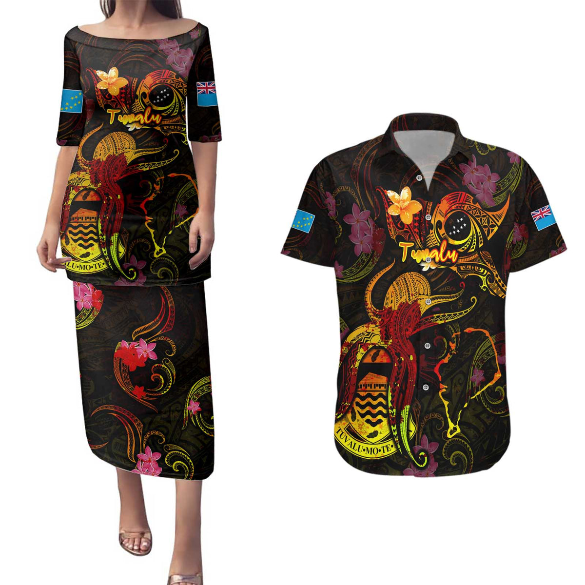 Tuvalu Couples Matching Puletasi and Hawaiian Shirt Octopus Plumeria Polynesian Tattoo