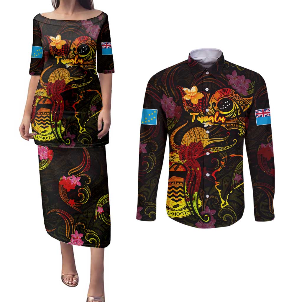 Tuvalu Couples Matching Puletasi and Long Sleeve Button Shirt Octopus Plumeria Polynesian Tattoo DT02 Black - Polynesian Pride
