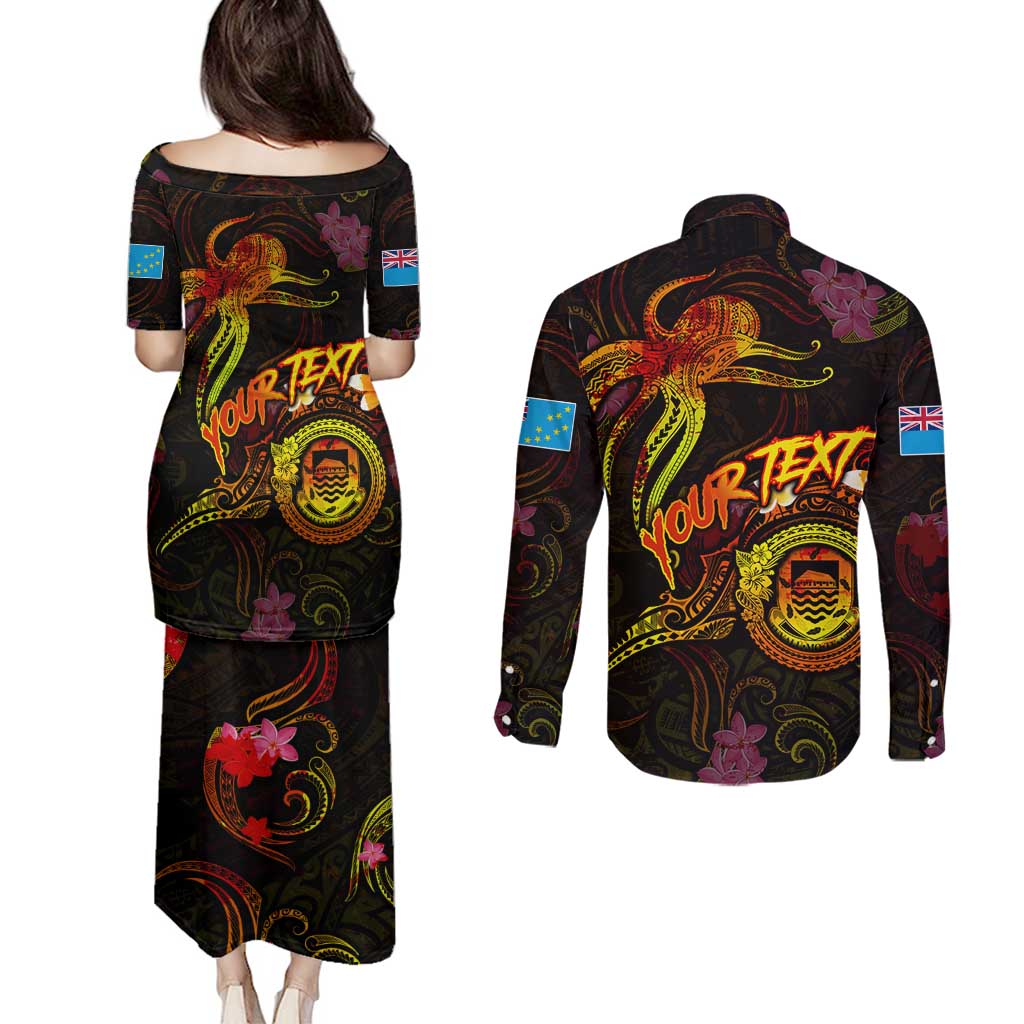 Tuvalu Couples Matching Puletasi and Long Sleeve Button Shirt Octopus Plumeria Polynesian Tattoo DT02 - Polynesian Pride