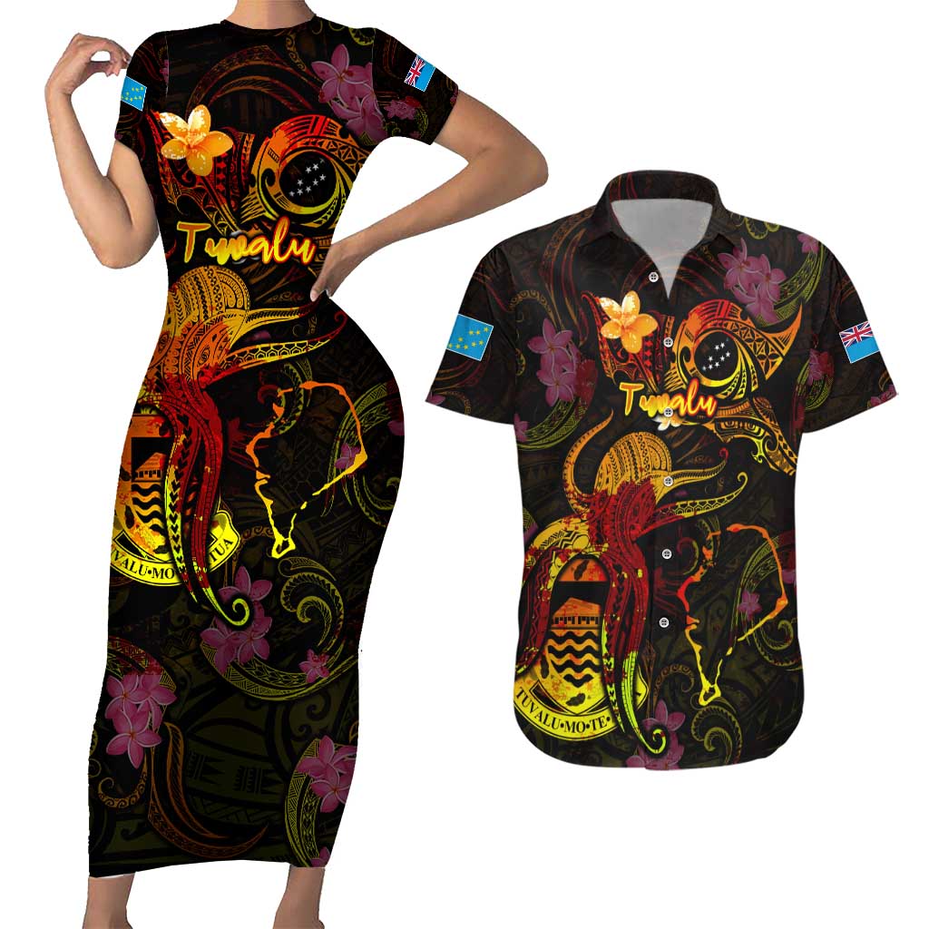 Tuvalu Couples Matching Short Sleeve Bodycon Dress and Hawaiian Shirt Octopus Plumeria Polynesian Tattoo DT02 Black - Polynesian Pride