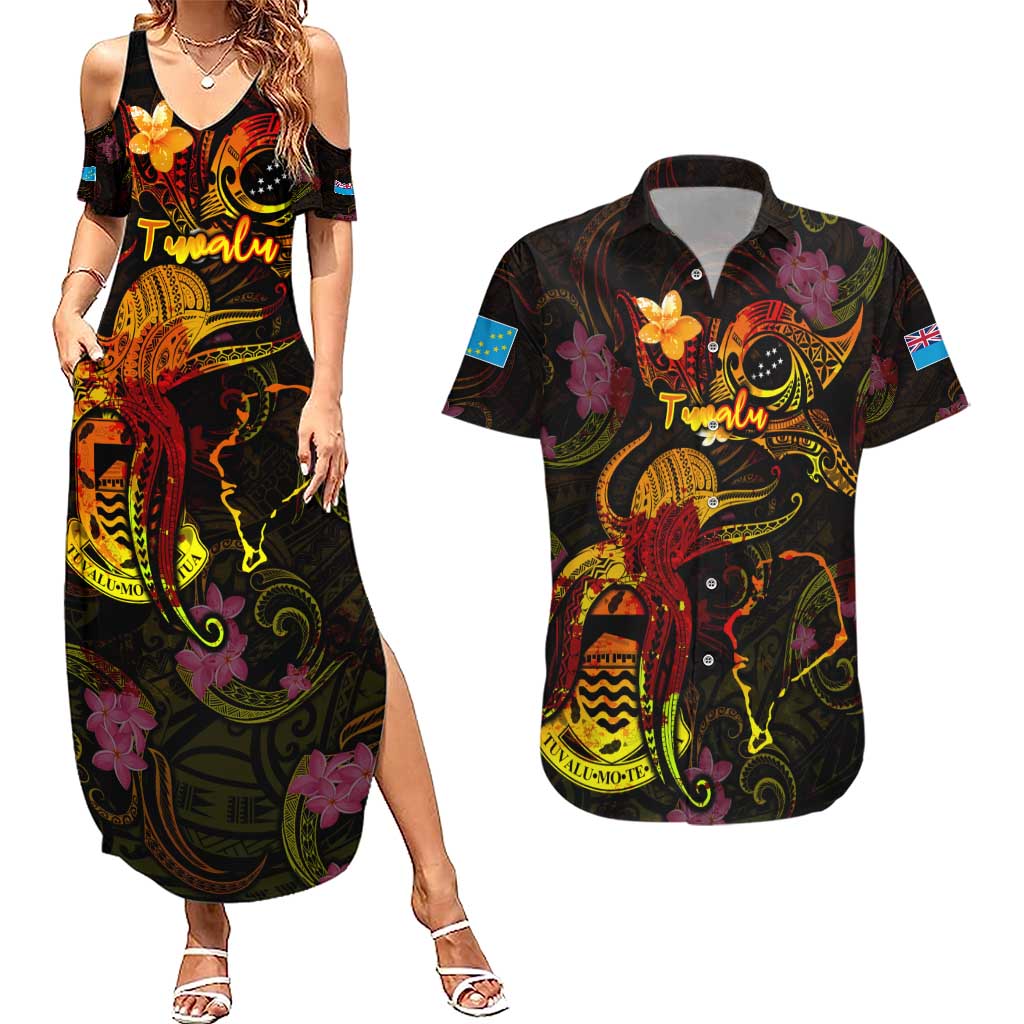 Tuvalu Couples Matching Summer Maxi Dress and Hawaiian Shirt Octopus Plumeria Polynesian Tattoo DT02 Black - Polynesian Pride