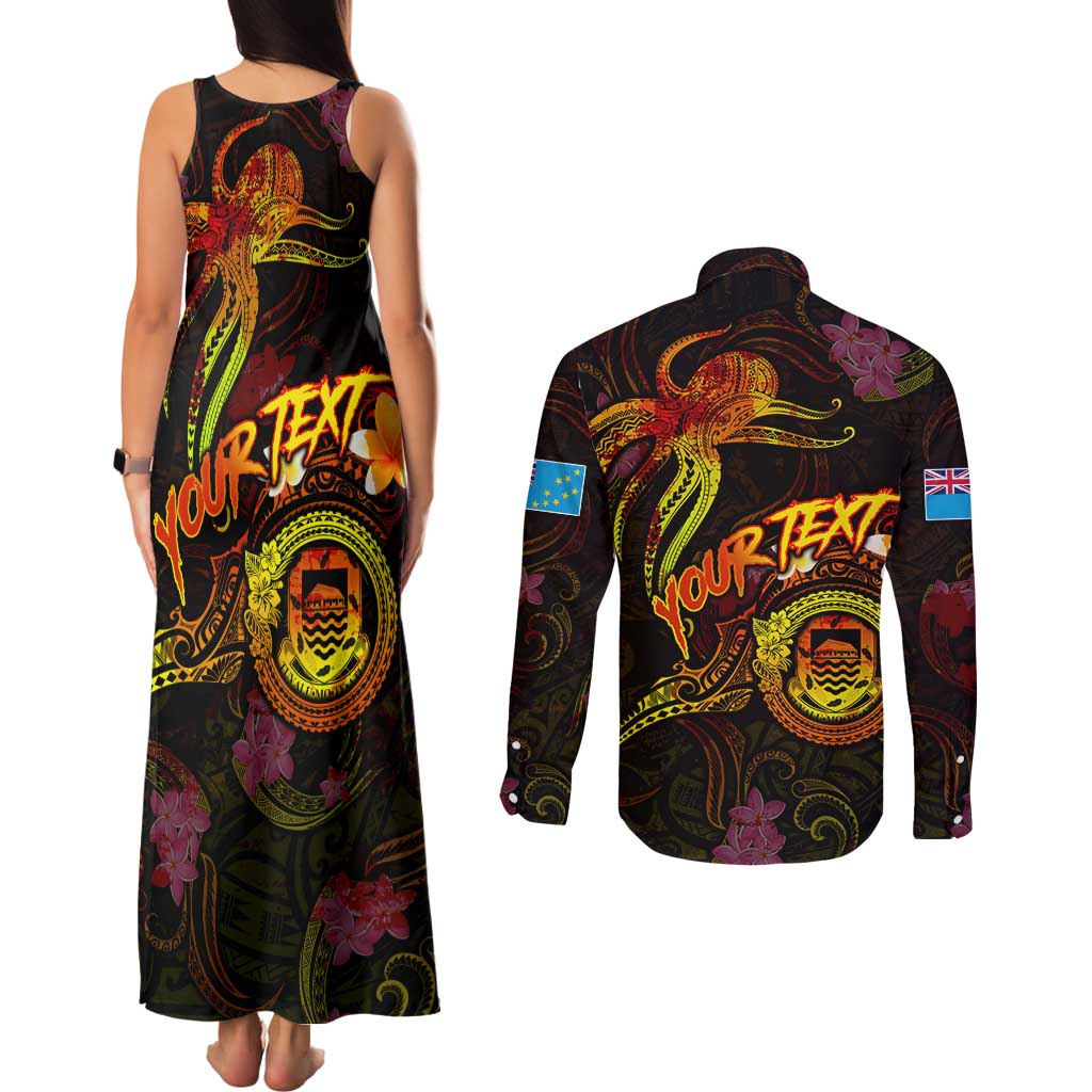 Tuvalu Couples Matching Tank Maxi Dress and Long Sleeve Button Shirt Octopus Plumeria Polynesian Tattoo DT02 - Polynesian Pride