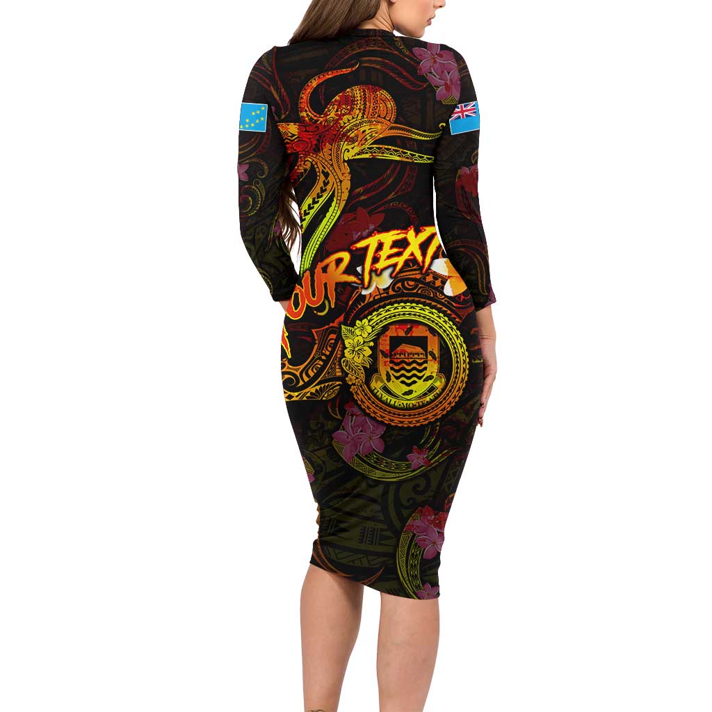 Tuvalu Family Matching Long Sleeve Bodycon Dress and Hawaiian Shirt Octopus Plumeria Polynesian Tattoo