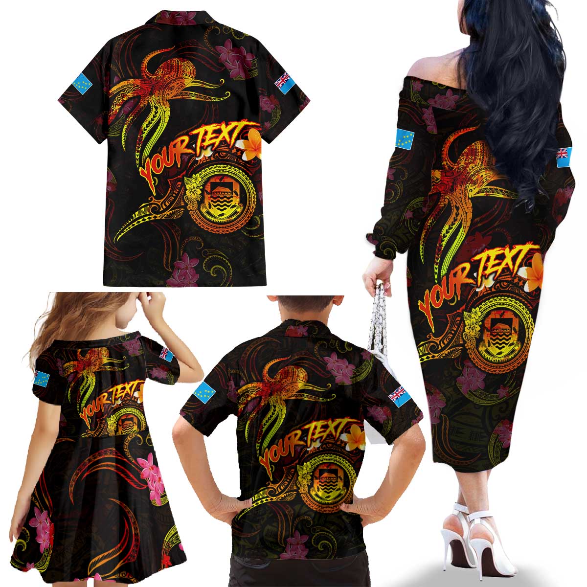 Tuvalu Family Matching Off The Shoulder Long Sleeve Dress and Hawaiian Shirt Octopus Plumeria Polynesian Tattoo
