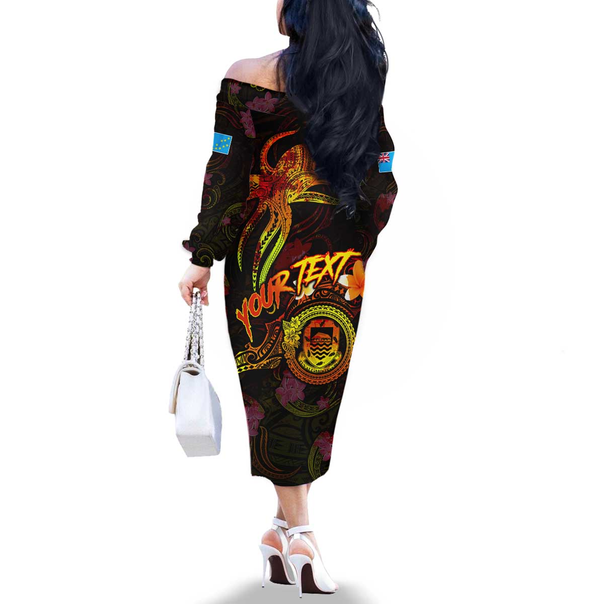 Tuvalu Family Matching Off The Shoulder Long Sleeve Dress and Hawaiian Shirt Octopus Plumeria Polynesian Tattoo