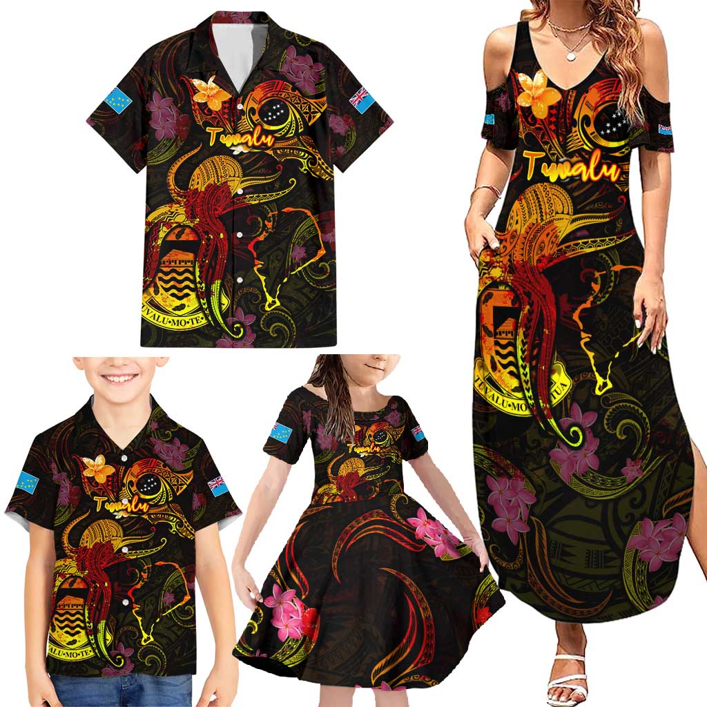 Tuvalu Family Matching Summer Maxi Dress and Hawaiian Shirt Octopus Plumeria Polynesian Tattoo DT02 - Polynesian Pride
