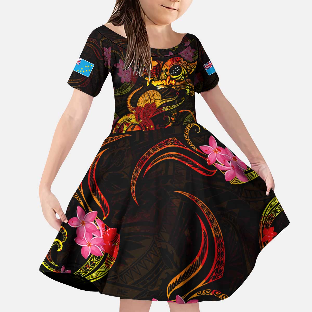 Tuvalu Kid Short Sleeve Dress Octopus Plumeria Polynesian Tattoo DT02 KID Black - Polynesian Pride