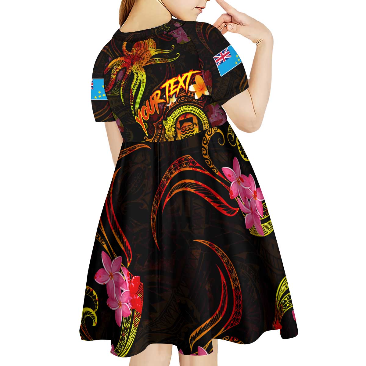 Tuvalu Kid Short Sleeve Dress Octopus Plumeria Polynesian Tattoo DT02 - Polynesian Pride