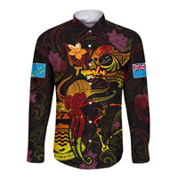Tuvalu Long Sleeve Button Shirt Octopus Plumeria Polynesian Tattoo DT02 Unisex Black - Polynesian Pride