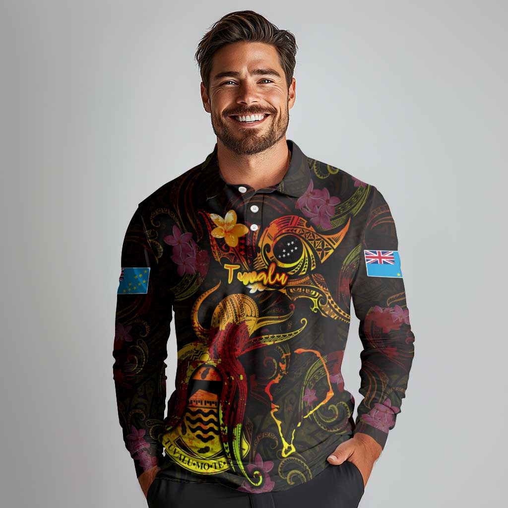Tuvalu Long Sleeve Polo Shirt Octopus Plumeria Polynesian Tattoo