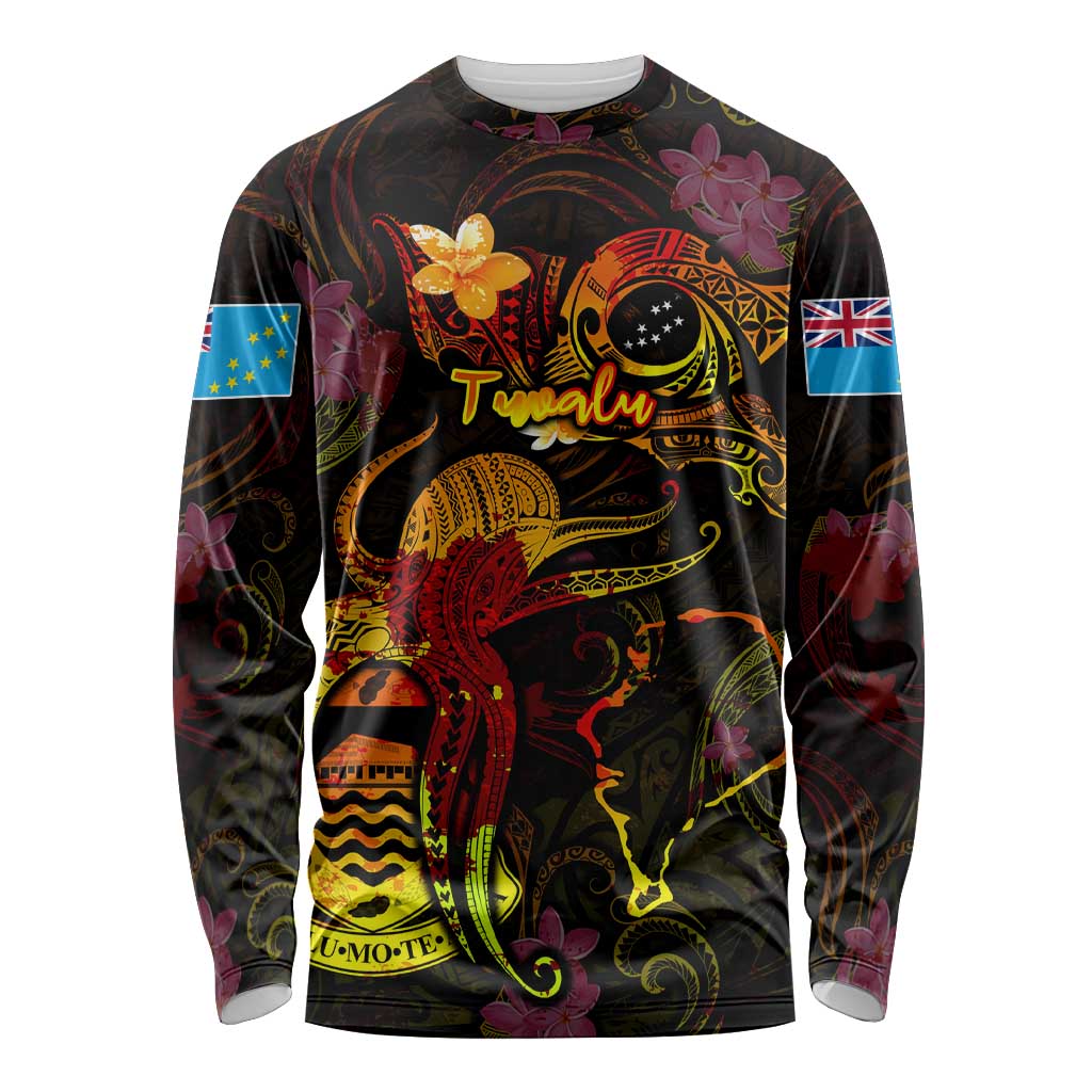 Tuvalu Long Sleeve Shirt Octopus Plumeria Polynesian Tattoo DT02 Unisex Black - Polynesian Pride