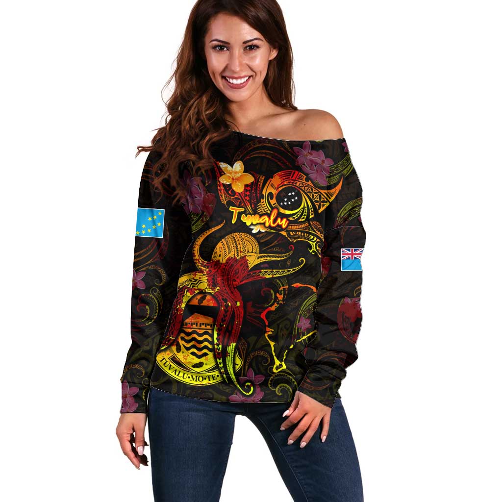Tuvalu Off Shoulder Sweater Octopus Plumeria Polynesian Tattoo