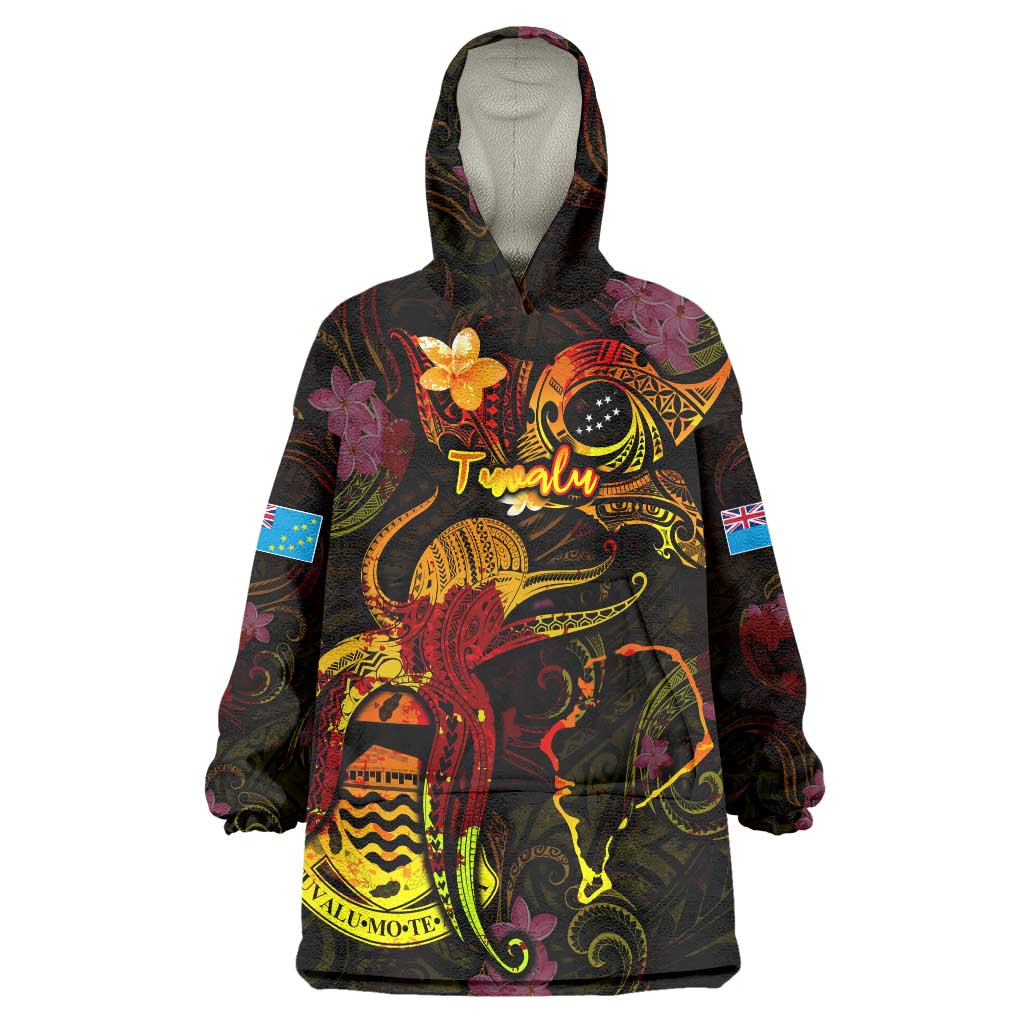 Tuvalu Wearable Blanket Hoodie Octopus Plumeria Polynesian Tattoo DT02 One Size Black - Polynesian Pride