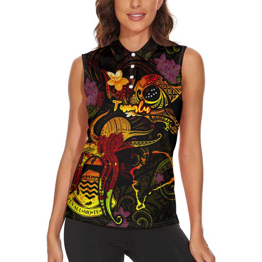 Tuvalu Women Sleeveless Polo Shirt Octopus Plumeria Polynesian Tattoo