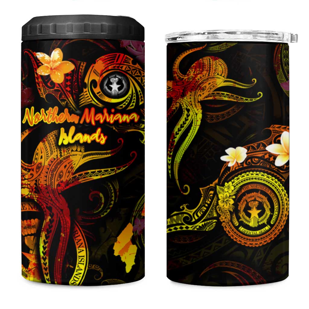 Northern Mariana Islands 4 in 1 Can Cooler Tumbler Octopus Plumeria Polynesian Tattoo