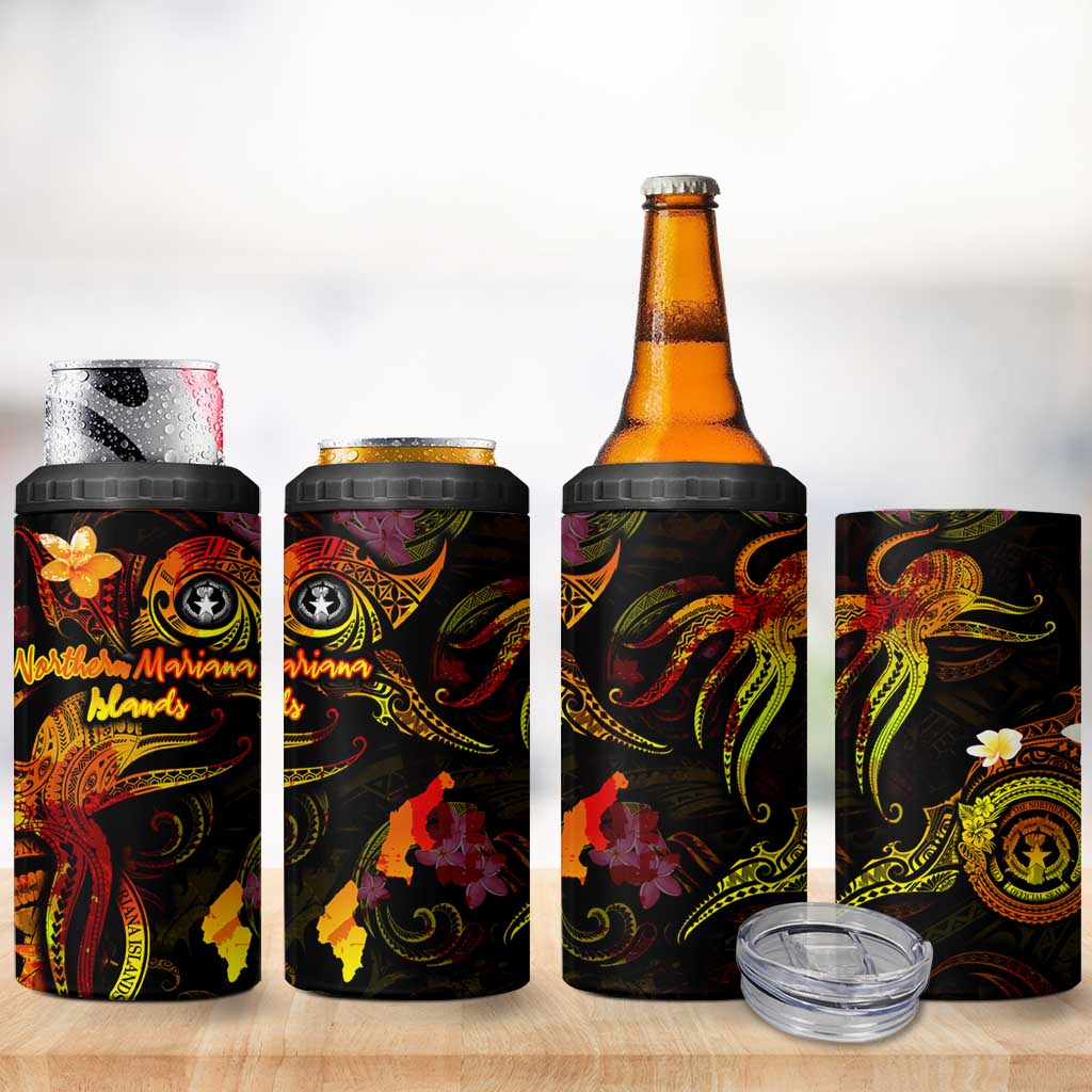 Northern Mariana Islands 4 in 1 Can Cooler Tumbler Octopus Plumeria Polynesian Tattoo