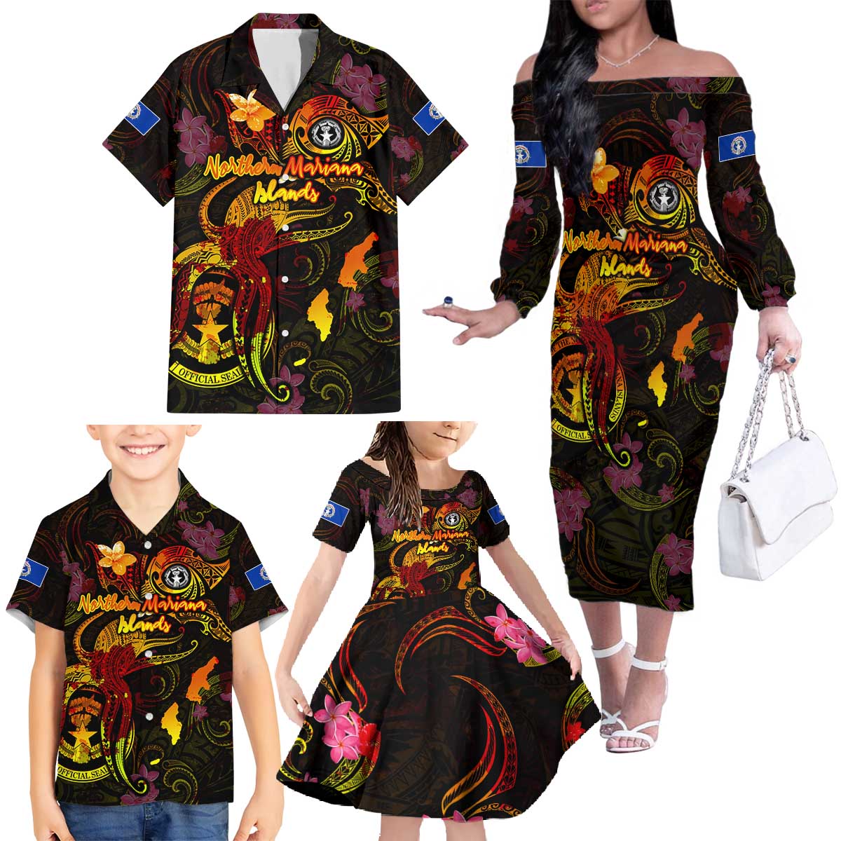 Northern Mariana Islands Family Matching Off The Shoulder Long Sleeve Dress and Hawaiian Shirt Octopus Plumeria Polynesian Tattoo