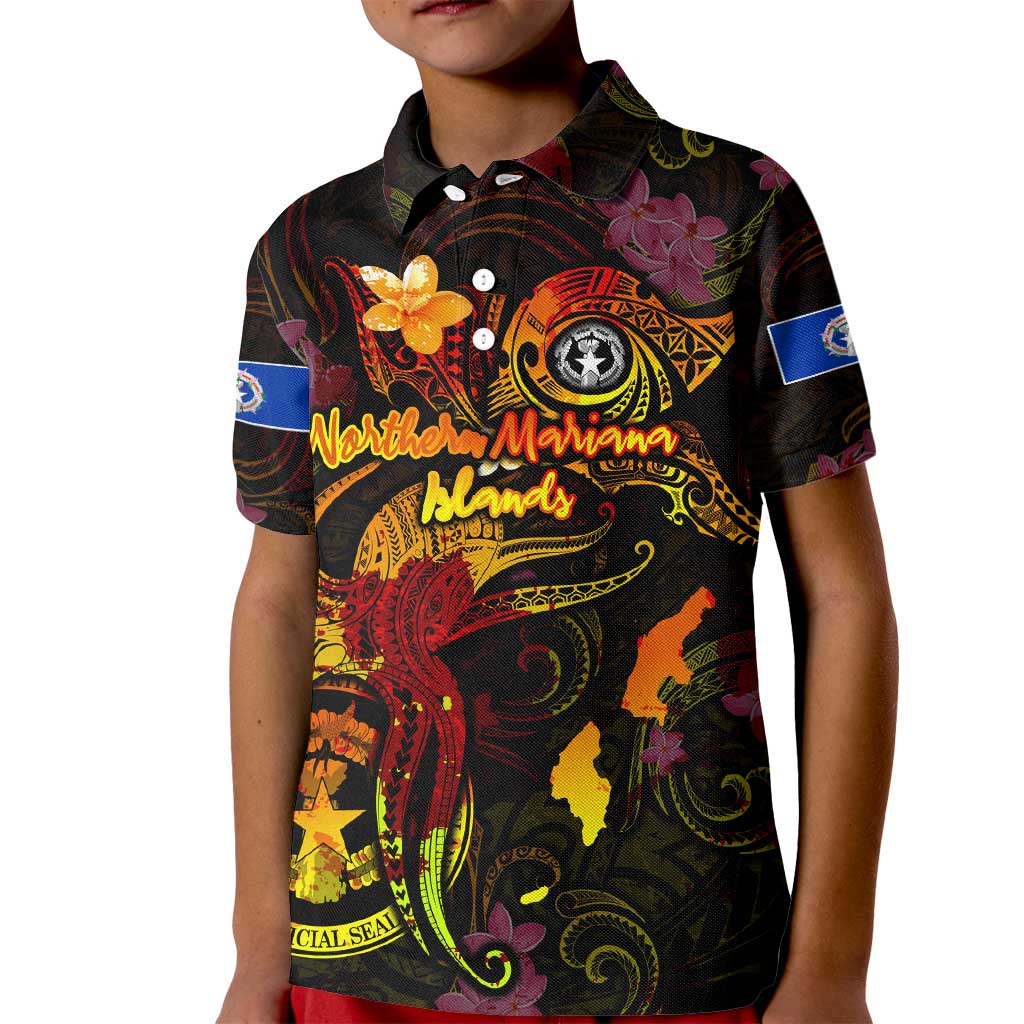 Northern Mariana Islands Kid Polo Shirt Octopus Plumeria Polynesian Tattoo