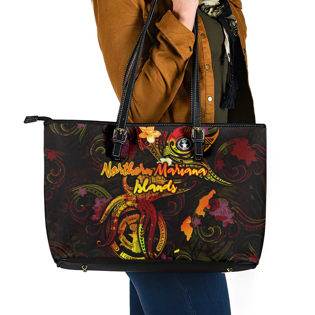 Northern Mariana Islands Leather Tote Bag Octopus Plumeria Polynesian Tattoo