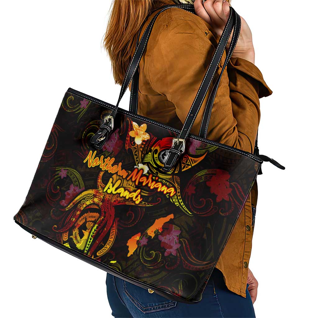 Northern Mariana Islands Leather Tote Bag Octopus Plumeria Polynesian Tattoo