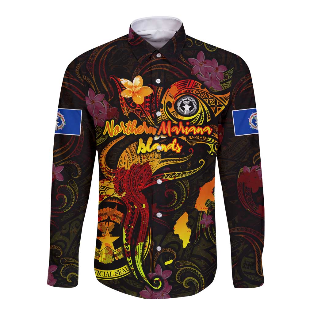 Northern Mariana Islands Long Sleeve Button Shirt Octopus Plumeria Polynesian Tattoo