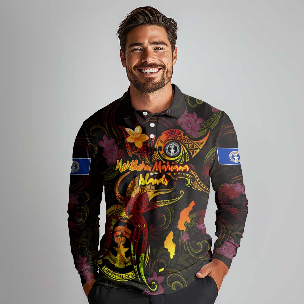 Northern Mariana Islands Long Sleeve Polo Shirt Octopus Plumeria Polynesian Tattoo