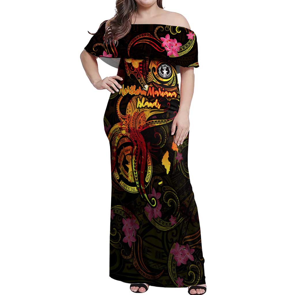 Northern Mariana Islands Off Shoulder Maxi Dress Octopus Plumeria Polynesian Tattoo