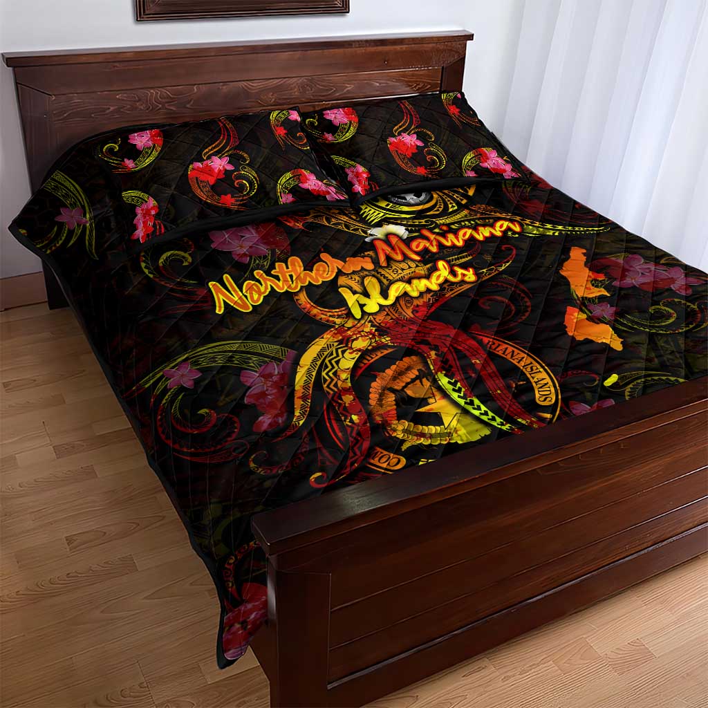 Northern Mariana Islands Quilt Bed Set Octopus Plumeria Polynesian Tattoo