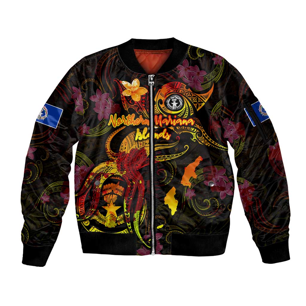 Northern Mariana Islands Sleeve Zip Bomber Jacket Octopus Plumeria Polynesian Tattoo