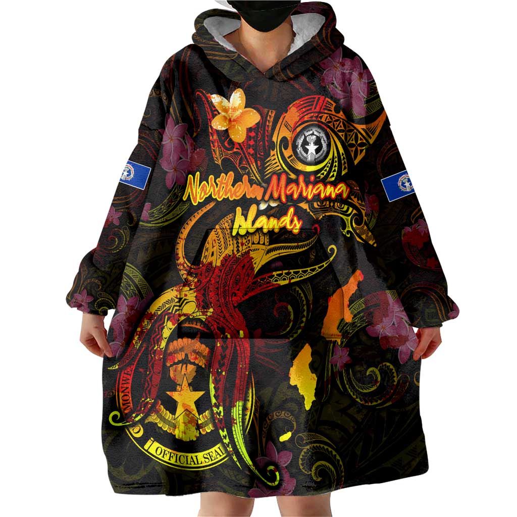 Northern Mariana Islands Wearable Blanket Hoodie Octopus Plumeria Polynesian Tattoo