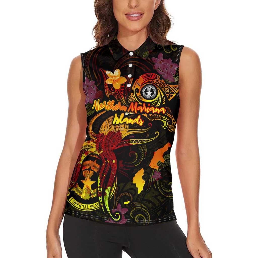 Northern Mariana Islands Women Sleeveless Polo Shirt Octopus Plumeria Polynesian Tattoo