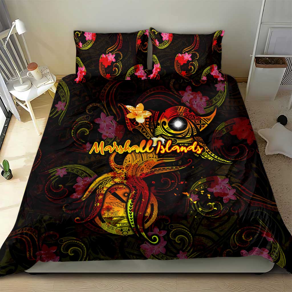Marshall Islands Bedding Set Octopus Plumeria Polynesian Tattoo