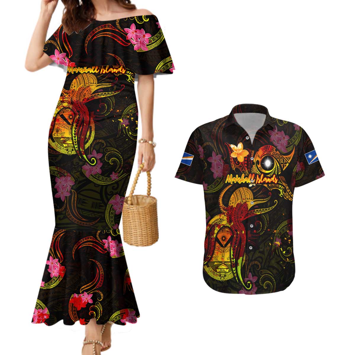 Marshall Islands Couples Matching Mermaid Dress and Hawaiian Shirt Octopus Plumeria Polynesian Tattoo