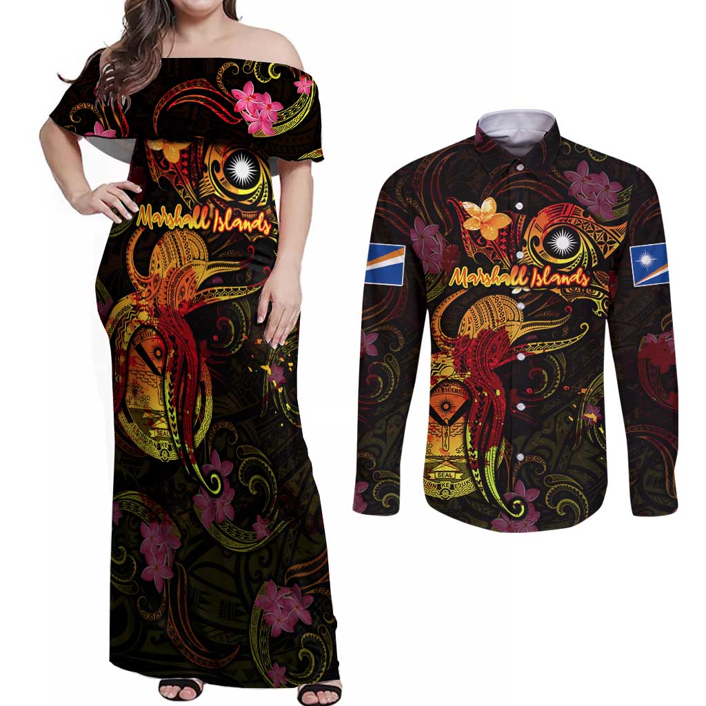 Marshall Islands Couples Matching Off Shoulder Maxi Dress and Long Sleeve Button Shirt Octopus Plumeria Polynesian Tattoo