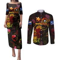 Marshall Islands Couples Matching Puletasi and Long Sleeve Button Shirt Octopus Plumeria Polynesian Tattoo