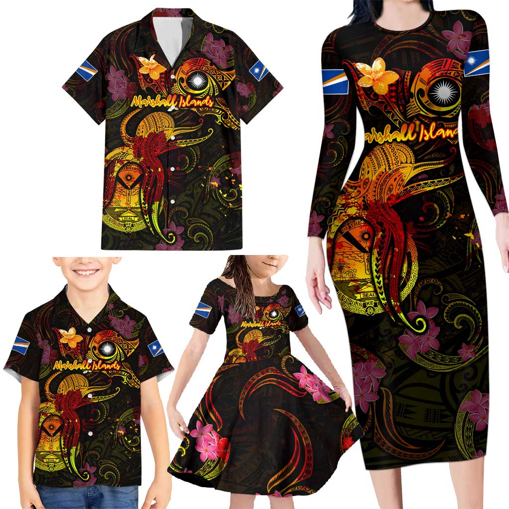 Marshall Islands Family Matching Long Sleeve Bodycon Dress and Hawaiian Shirt Octopus Plumeria Polynesian Tattoo