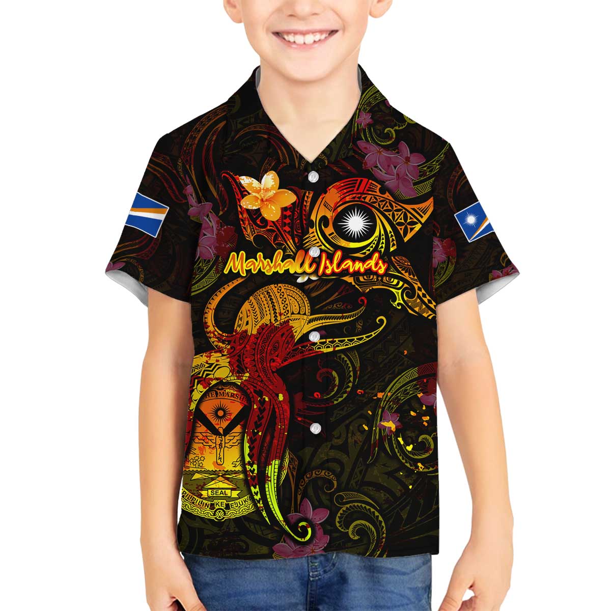 Marshall Islands Family Matching Off The Shoulder Long Sleeve Dress and Hawaiian Shirt Octopus Plumeria Polynesian Tattoo