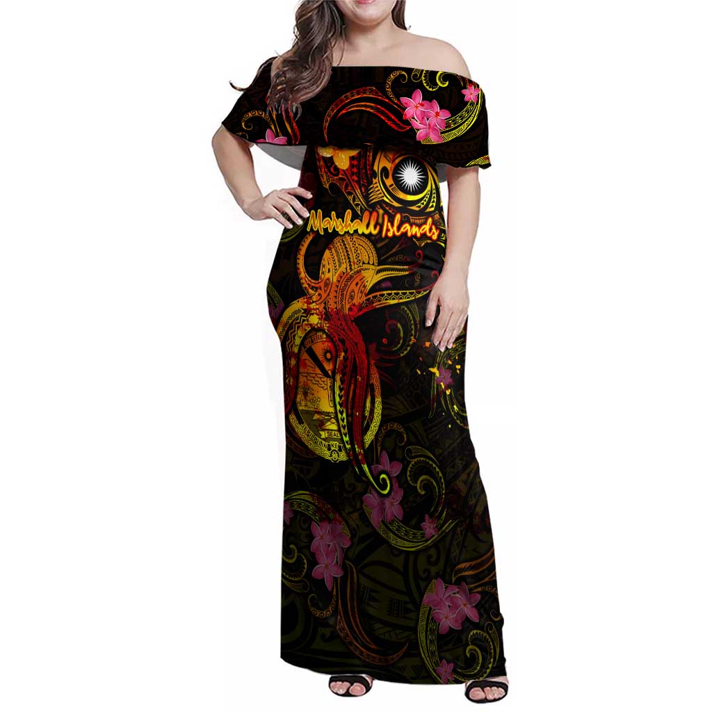 Marshall Islands Family Matching Off Shoulder Maxi Dress and Hawaiian Shirt Octopus Plumeria Polynesian Tattoo